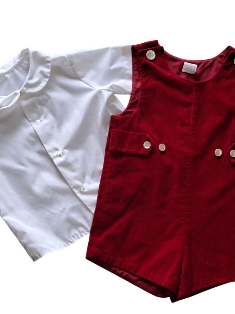 Vintage Toddler Girls 2-Piece Red Velour Short Overalls & White Shirt Outfit 3T